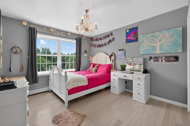 40 Rapelje Rd, Walden, NY 12586 - bedroom featuring a chandelier, a baseboard radiator, and light wood-type flooring