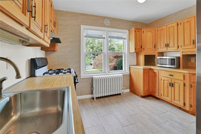 33 Park Cir, New Hyde Park, NY 11040 - kitchen featuring radiator heating unit, stainless steel microwave, white range with gas stovetop, light countertops, and under cabinet range hood