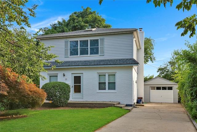 33 Park Cir, New Hyde Park, NY 11040 - view of front of home featuring an outbuilding, a chimney, a shingled roof, concrete driveway, and a front yard