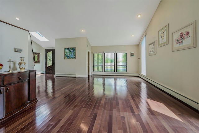 160 Coachman Pl E, Syosset, NY 11791 - unfurnished living room featuring a baseboard heating unit, vaulted ceiling, a skylight, dark wood-style flooring, and a baseboard radiator