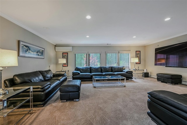 160 Coachman Pl E, Syosset, NY 11791 - carpeted living area with a wall mounted air conditioner, crown molding, recessed lighting, and a baseboard heating unit
