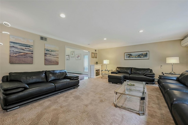 160 Coachman Pl E, Syosset, NY 11791 - living room with crown molding, recessed lighting, a fireplace, a baseboard radiator, and a baseboard heating unit