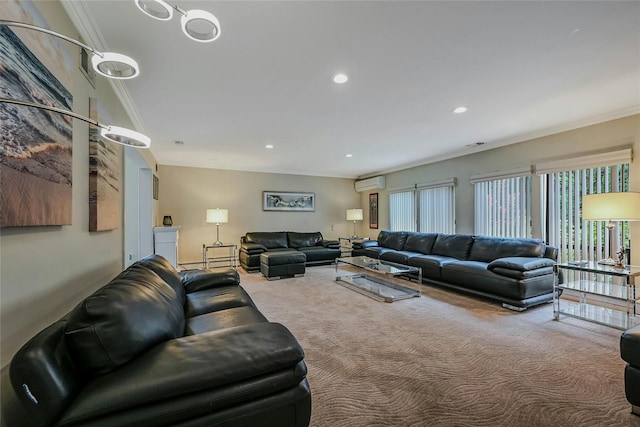 160 Coachman Pl E, Syosset, NY 11791 - carpeted living area featuring a wall unit AC, ornamental molding, and recessed lighting