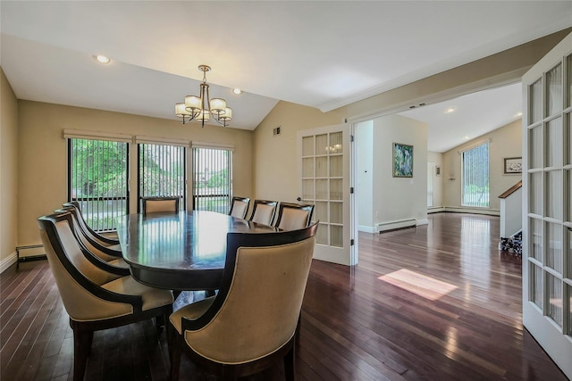160 Coachman Pl E, Syosset, NY 11791 - dining space featuring a baseboard radiator, vaulted ceiling, a chandelier, dark wood finished floors, and recessed lighting