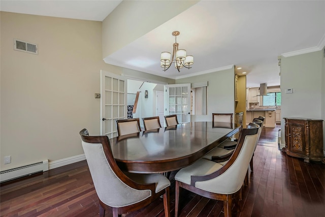 160 Coachman Pl E, Syosset, NY 11791 - dining area with a chandelier, dark wood-type flooring, a baseboard heating unit, french doors, and ornamental molding