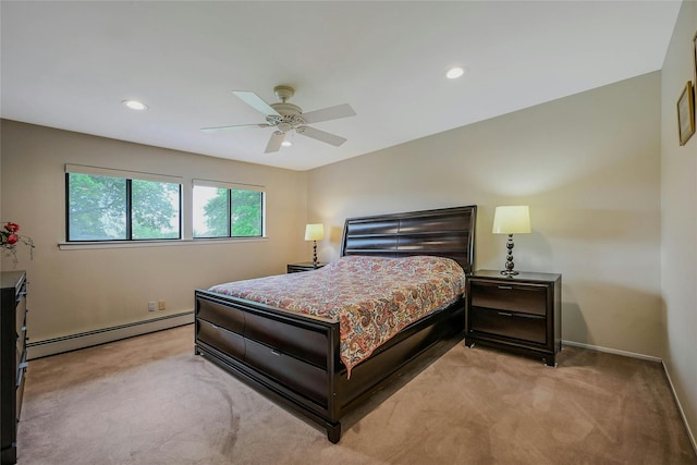 160 Coachman Pl E, Syosset, NY 11791 - bedroom with a baseboard radiator, light colored carpet, recessed lighting, and ceiling fan