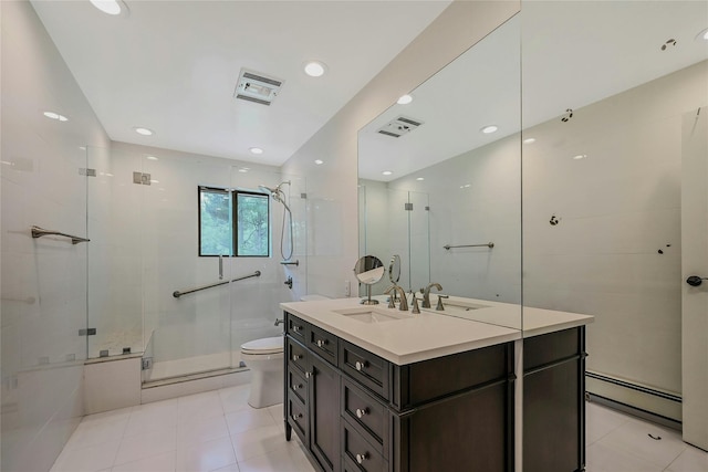 160 Coachman Pl E, Syosset, NY 11791 - full bathroom with vanity, a shower with shower door, a baseboard heating unit, tile patterned floors, and recessed lighting