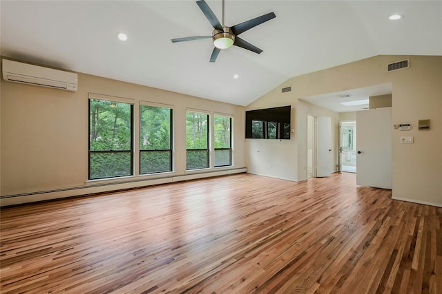 160 Coachman Pl E, Syosset, NY 11791 - empty room with a wall unit AC, a baseboard radiator, wood finished floors, vaulted ceiling, and a ceiling fan