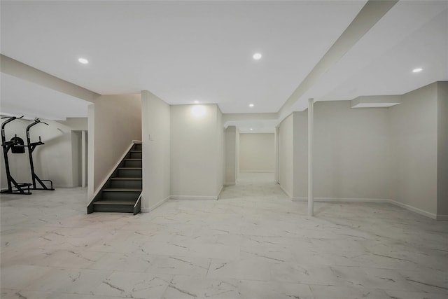 160 Coachman Pl E, Syosset, NY 11791 - finished basement featuring recessed lighting, stairway, and marble finish floors