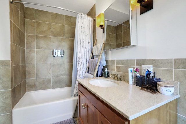 2 Harbor Ln Unit 301, New Rochelle, NY 10805 - bathroom featuring vanity, shower / bath combo with shower curtain, and tile walls