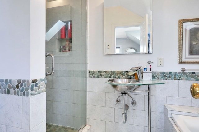 2 Harbor Ln Unit 301, New Rochelle, NY 10805 - full bathroom featuring tile walls, tiled shower, and a garden tub