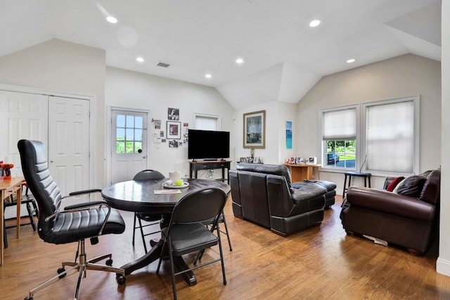 2 Harbor Ln Unit 301, New Rochelle, NY 10805 - dining space with vaulted ceiling, healthy amount of natural light, light wood-style floors, and recessed lighting