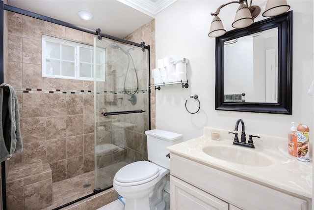 10 Jan Ct, Ronkonkoma, NY 11779 - full bathroom with vanity, a stall shower, and ornamental molding