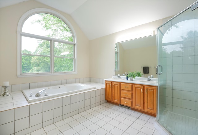 212 Weber Hill Rd, Carmel, NY 10512 - bathroom featuring vaulted ceiling, healthy amount of natural light, double vanity, a garden tub, and a shower stall