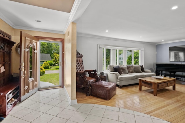 63 Bonnie Meadow Rd, Scarsdale, NY 10583 - living area with plenty of natural light, light tile patterned flooring, crown molding, and recessed lighting