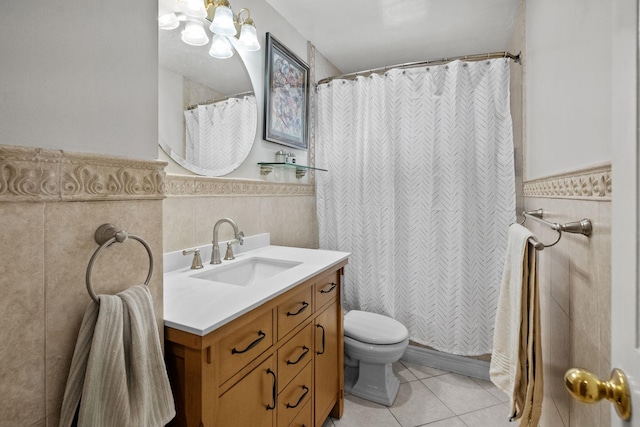 63 Bonnie Meadow Rd, Scarsdale, NY 10583 - full bath with vanity, wainscoting, tile walls, tile patterned floors, and curtained shower
