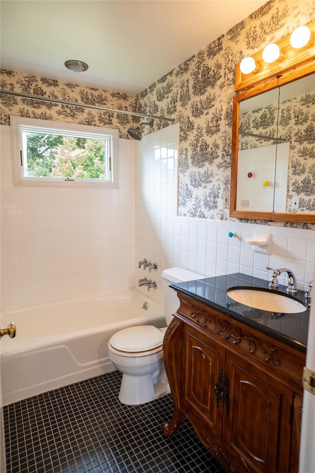81 Seaview Ave, New Rochelle, NY 10801 - full bath with tile walls, vanity, bathing tub / shower combination, tile patterned flooring, and a wainscoted wall