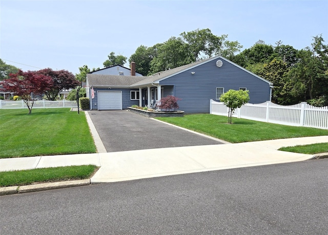 68 Palmer Dr, Sayville, NY 11782 - view of front of home featuring a garage, driveway, and a chimney