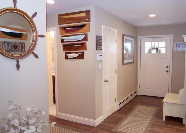 68 Palmer Dr, Sayville, NY 11782 - entryway with baseboard heating, dark wood-type flooring, and recessed lighting