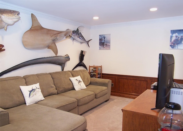 68 Palmer Dr, Sayville, NY 11782 - living area featuring wainscoting, ornamental molding, light colored carpet, and recessed lighting