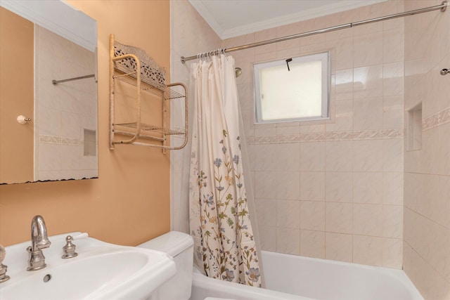 18 Hathaway Dr, Garden City, NY 11530 - full bath featuring ornamental molding and shower / bath combo with shower curtain