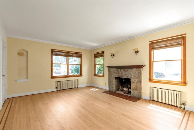 18 Hathaway Dr, Garden City, NY 11530 - unfurnished living room featuring radiator heating unit, light wood finished floors, crown molding, and a stone fireplace