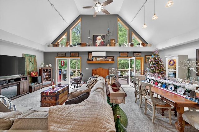 189 School House Rd, Middletown, NY 10940 - carpeted living room featuring high vaulted ceiling and a ceiling fan