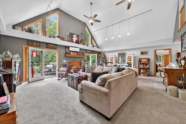 189 School House Rd, Middletown, NY 10940 - living room with a ceiling fan, carpet floors, high vaulted ceiling, and healthy amount of natural light