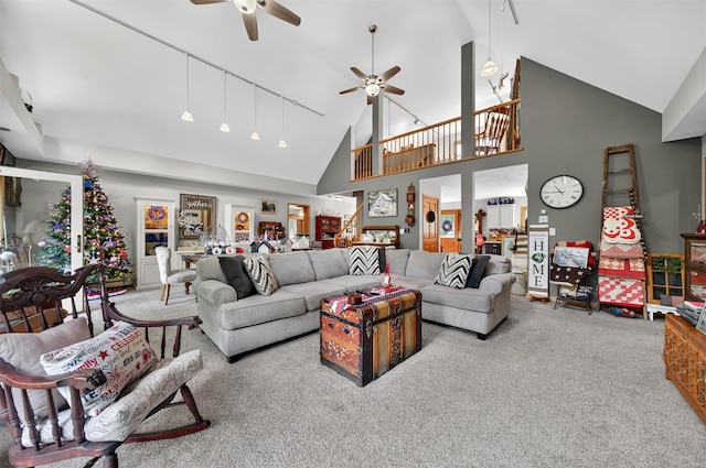 189 School House Rd, Middletown, NY 10940 - carpeted living room with a ceiling fan, high vaulted ceiling, and stairway