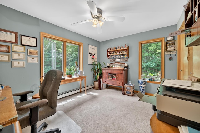 189 School House Rd, Middletown, NY 10940 - office area with a baseboard radiator, plenty of natural light, a ceiling fan, and carpet flooring