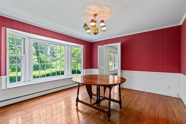 6 Beardsley Ln, Lloyd Harbor, NY 11743 - dining room featuring a chandelier, wallpapered walls, a baseboard radiator, wainscoting, and wood finished floors