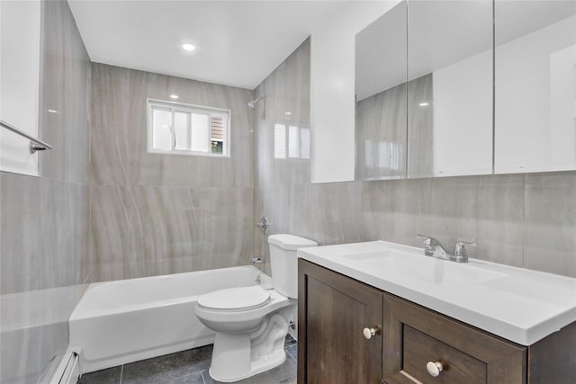 9 Rhodes Ln, West Hempstead, NY 11552 - full bathroom featuring tile walls, washtub / shower combination, vanity, baseboard heating, and tasteful backsplash