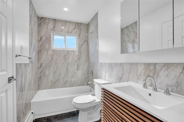 9 Rhodes Ln, West Hempstead, NY 11552 - bathroom with tile walls,  shower combination, baseboard heating, and vanity