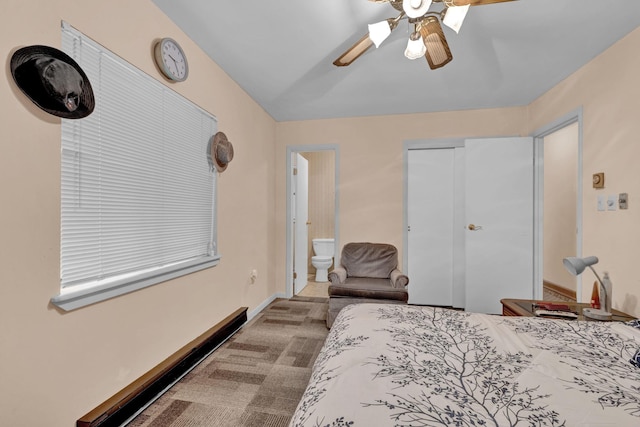 156 Creamery Rd Unit Tr20, Swan Lake, NY 12783 - carpeted bedroom with a baseboard radiator, a closet, connected bathroom, and a ceiling fan