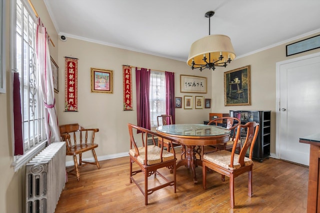 5802 201st St, Bayside, NY 11364 - dining area featuring radiator, ornamental molding, light wood finished floors, and a chandelier