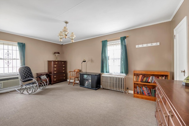5802 201st St, Bayside, NY 11364 - sitting room featuring radiator, plenty of natural light, ornamental molding, a chandelier, and carpet flooring