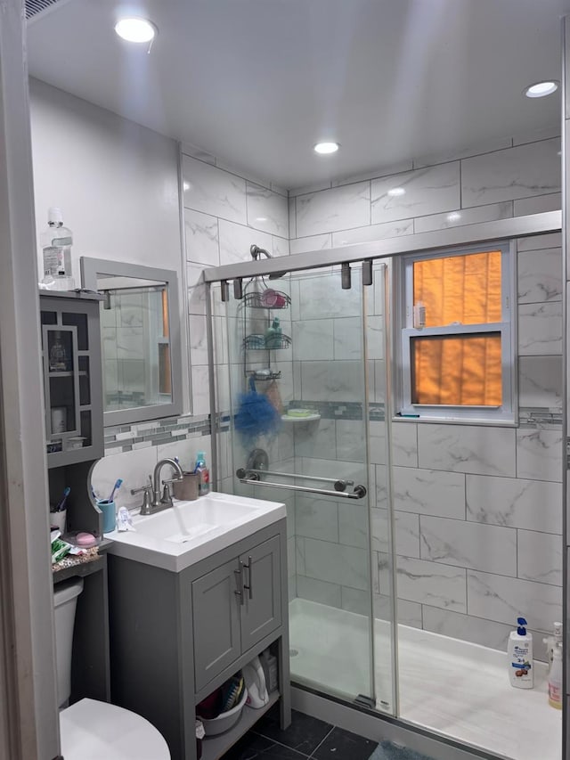 59 Ingraham Blvd, Hempstead, NY 11550 - full bath featuring a stall shower, vanity, tile patterned floors, and recessed lighting