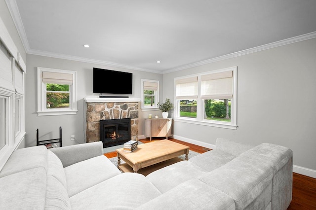 1299 Williams Dr, Shrub Oak, NY 10588 - living area featuring crown molding, dark wood-style flooring, a fireplace, and recessed lighting