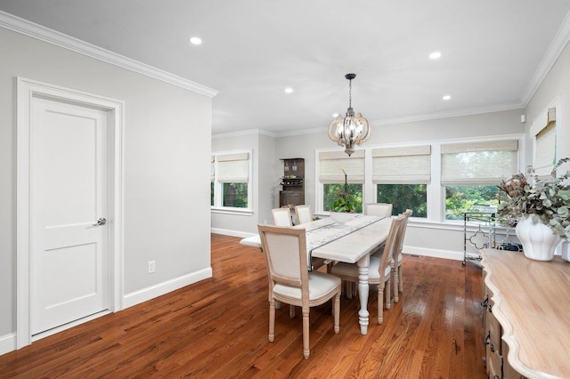 1299 Williams Dr, Shrub Oak, NY 10588 - dining space featuring dark wood-style flooring, a chandelier, recessed lighting, and ornamental molding