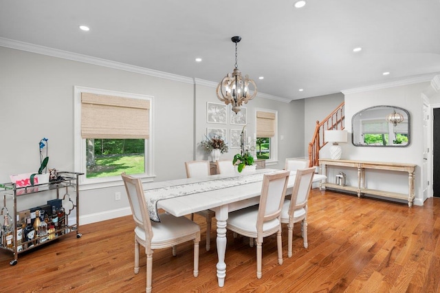 1299 Williams Dr, Shrub Oak, NY 10588 - dining room with a chandelier, recessed lighting, light wood finished floors, crown molding, and stairway