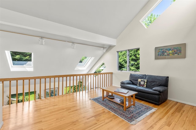 8 Braemer Rd, East Setauket, NY 11733 - living area with a skylight, rail lighting, healthy amount of natural light, wood finished floors, and a high ceiling