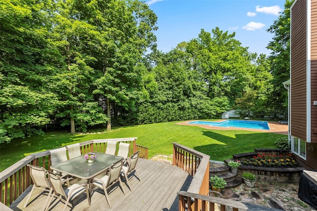 8 Braemer Rd, East Setauket, NY 11733 - wooden terrace with outdoor dining area, an outdoor pool, and a yard