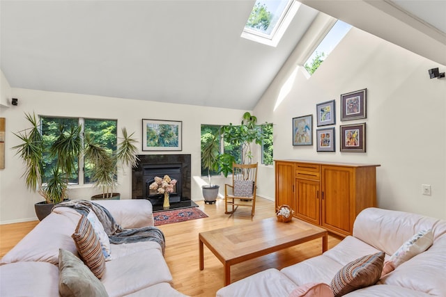 8 Braemer Rd, East Setauket, NY 11733 - living area featuring a skylight, light wood-type flooring, a high end fireplace, and high vaulted ceiling