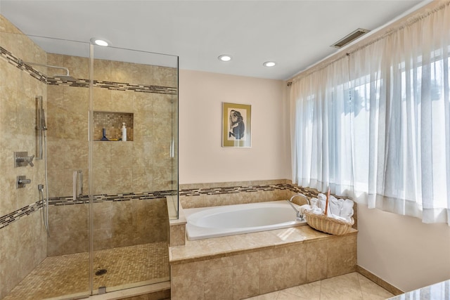 8 Braemer Rd, East Setauket, NY 11733 - full bath featuring a garden tub, a shower stall, tile patterned floors, and recessed lighting