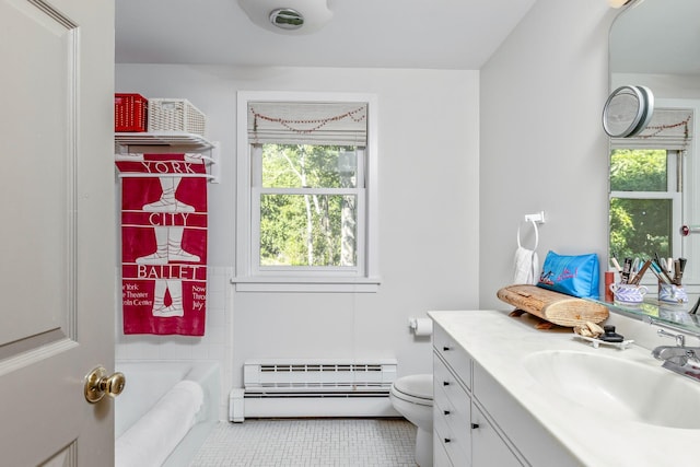 5 Shore Dr, Setauket, NY 11733 - bathroom featuring a baseboard radiator, vanity, tile patterned floors, and shower / bathtub combination