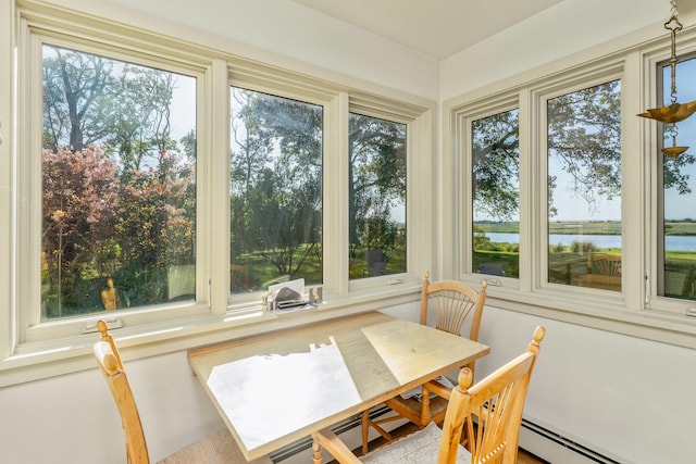 5 Shore Dr, Setauket, NY 11733 - sunroom with a water view and baseboard heating