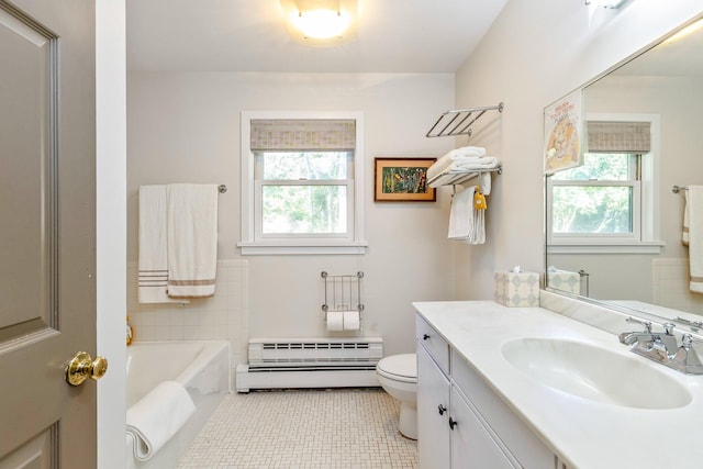 5 Shore Dr, Setauket, NY 11733 - full bathroom with a tub, tile patterned floors, vanity, a baseboard radiator, and baseboard heating