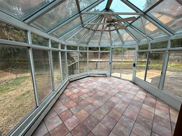 291 Locust Dr, Rocky Point, NY 11778 - unfurnished sunroom featuring a baseboard heating unit and a ceiling fan