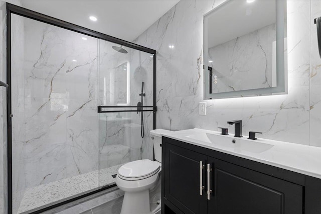 77 Bounty Ln, Jericho, NY 11753 - full bathroom featuring vanity, a marble finish shower, and tile walls