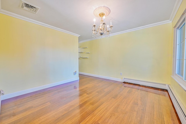 239 Walnut Rd, Glen Cove, NY 11542 - empty room featuring a chandelier, wood finished floors, ornamental molding, baseboard heating, and healthy amount of natural light